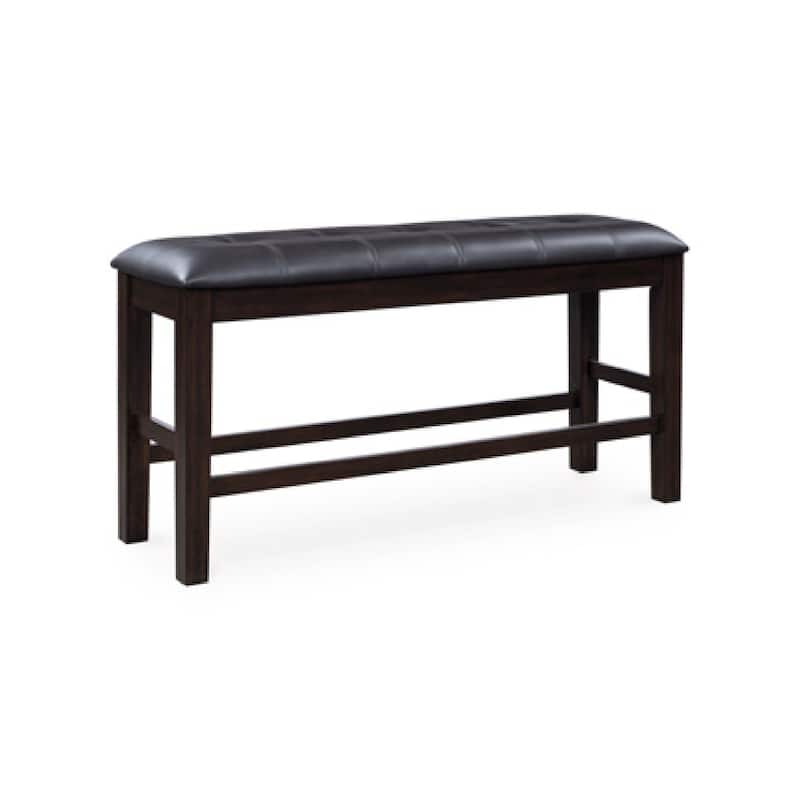 Hado Counter Height Bench, 50 Inch Black Faux Leather Padded, Brown Wood