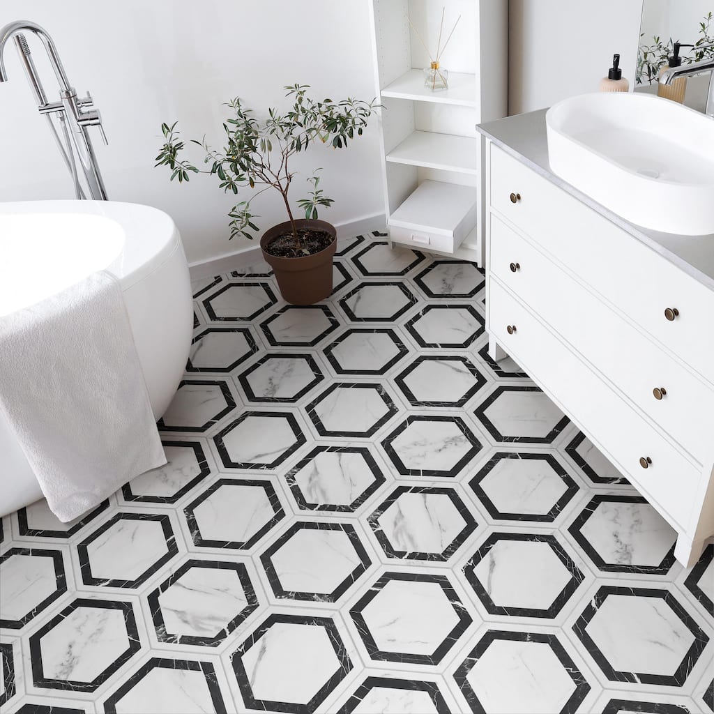 Merola Tile BioTech Hex Venato Deco Dark 11" x 13" Porcelain Floor and Wall Tile