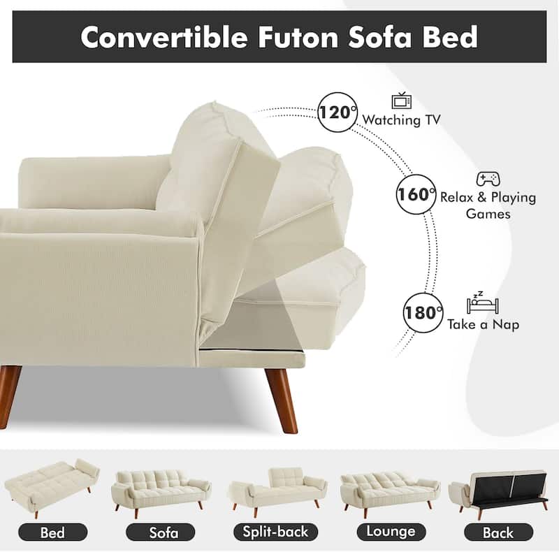 Futon Sofa Bed, Convertible Folding Futon Couch Recliner Lounge For Living Room With 2 Pillow/Armrest