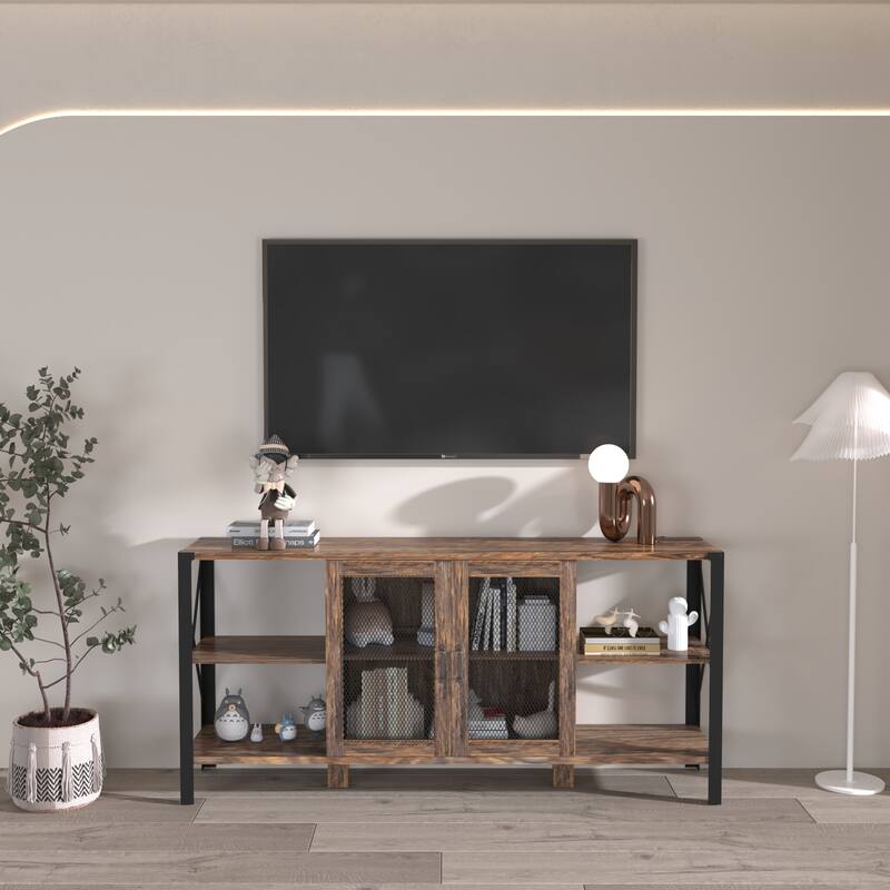 Industrial TV Stand for Living Room, Farmhouse TV Stand 80 Inch Television Stand, Horizontal Wood and Metal Open Bookshelf