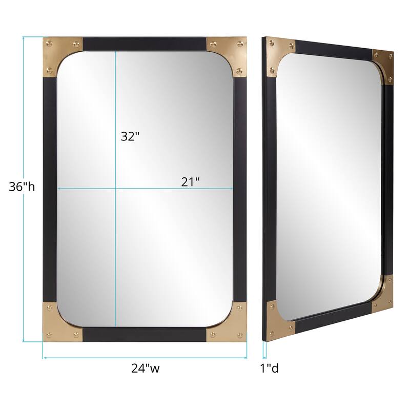 Allan Andrews Atlas Mirror With Metal Frame Matte Black Finish & Brass Corner Accents - 24 x 36 x 1