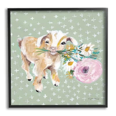 Stupell Attentive Buckling Goat Offering Flowers Studded Backdrop Framed Wall Art, Design by Jessica Mingo - Green