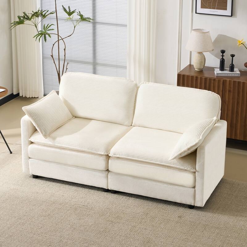 69" Modular 2-Seater Sectional Sofa with 22" Beige Chenille Cushions and 2 Throw Pillows