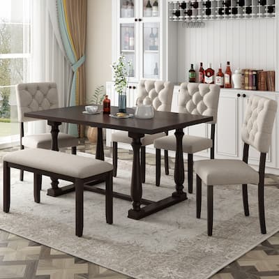 Espresso Retro 6-Piece Wooden Dining Table Set with Rectangular Table & 4 Chairs