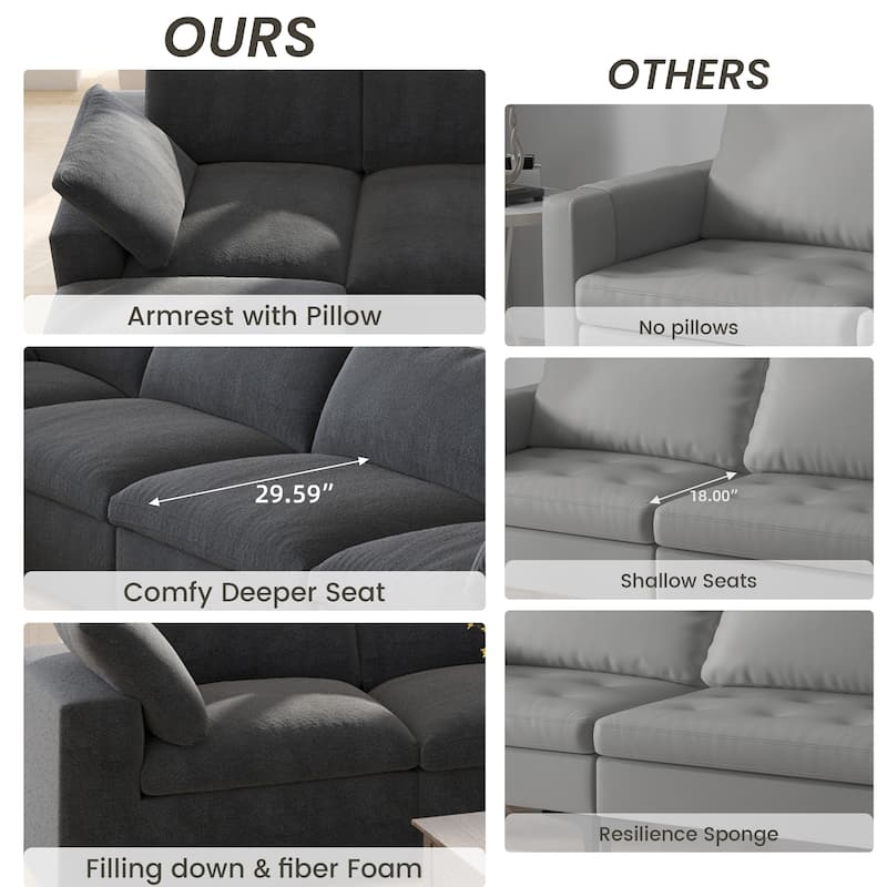 Large Down Filled Corner Sectional Sofa Couch with Ottoman for Living Room Set Linen Cloud Sectional Couches