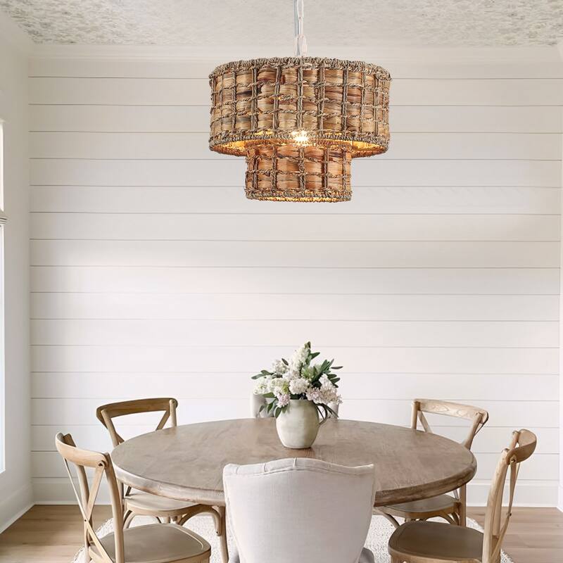 1-Light Farmhouse 2-Tier Metal Hanging Pendant Light Kitchen Island with Rattan Cover for Dining Room
