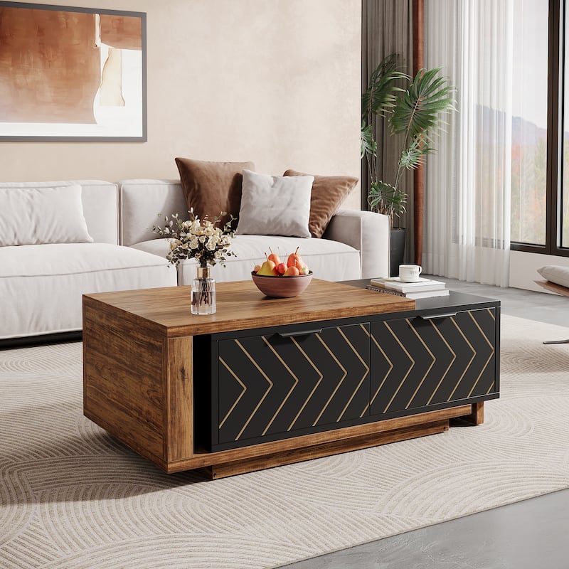 Wooden Extendable Center Coffee Table with Sliding Tabletop - Brown+Balck