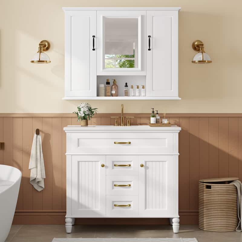 36" Bathroom Vanity with Sink, Freestanding Modern Vanity Cabinet with Soft-Close Drawers and Tip-Out Tray - White