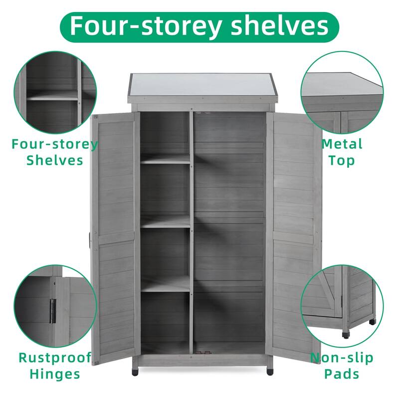 Outdoor Wood Storage Cabinet with Metal Top and Adjustable Footpad - N/A