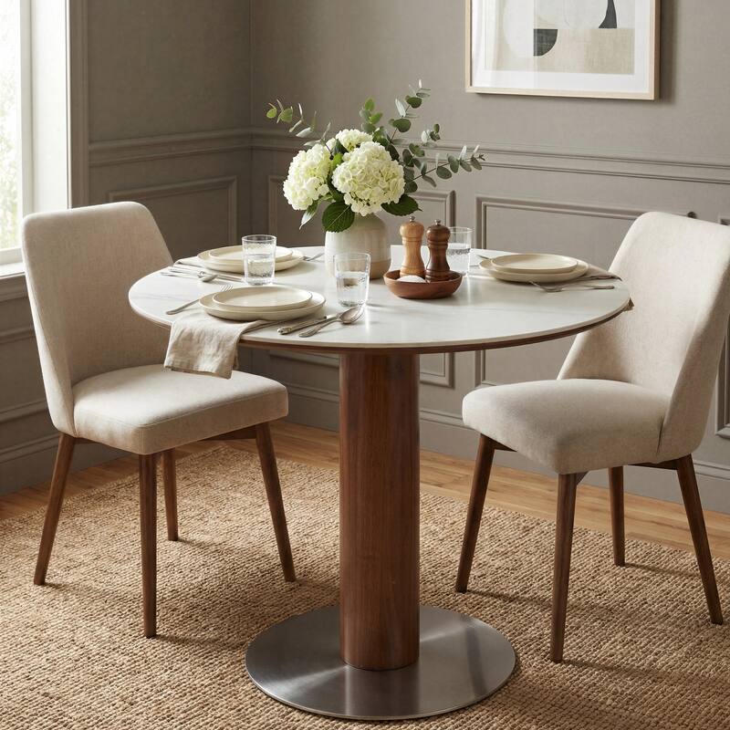 31.5 Inch Round Dining Table for 2-4, Solid Wood Circle Kitchen Table with Stainless Steel Pedestal, Sintered Stone Top