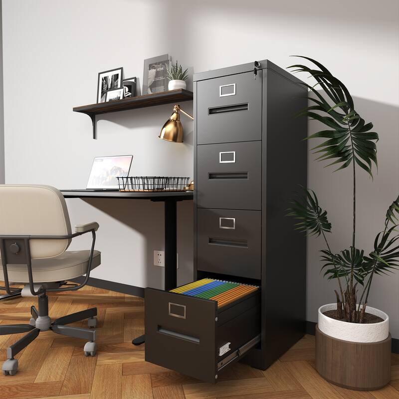 Modern 4-Drawer Vertical Black Filing Cabinet with Locking, Silent Slides and Adjustable Hanging Rod, for Home Office