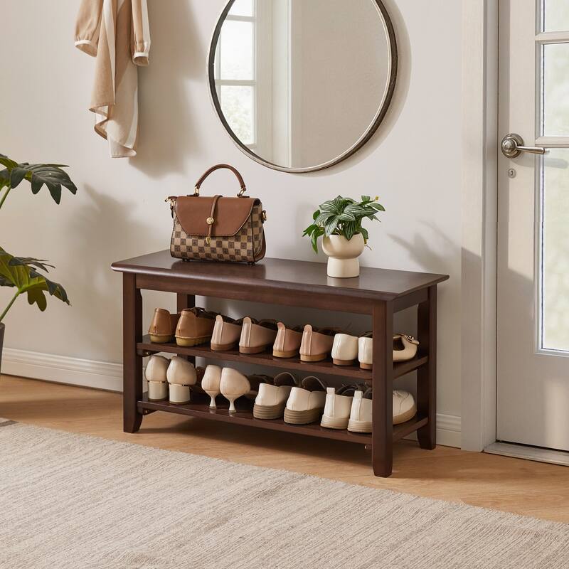 Solid Wood Shoe Bench, 2-Tier Entryway Shoe Rack Bench, Wooden Shoe Organizer with Storage Shelves, Seat Shoe Bench for Hallway