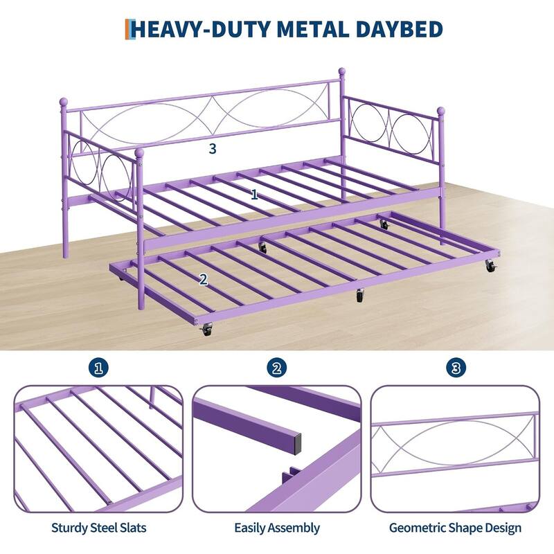 Metal Daybed with Trundle Set, Space-Saving Sofa Bed Frame with Steel Support for Bedroom or Living Room