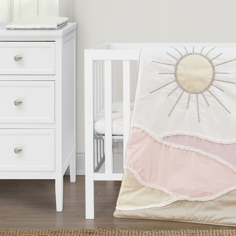 Sweet Jojo Designs Blush Pink Mauve Boho Desert Sun Girl 3pc Mini Crib Bedding Set Taupe Bohemian Watercolor Mountains Southwest