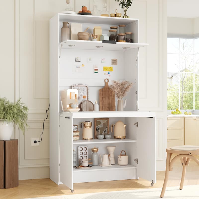 69" Kitchen Pantry Buffet with Hutch, Foldable Workstation & Power Outlet - White