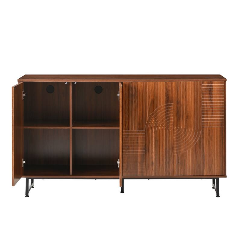 Mid-Century Modern Sideboard Buffet Cabinet, 59-Inch Geometric Carved Storage Cabinet with Metal Legs, Multi-Purpose Credenza