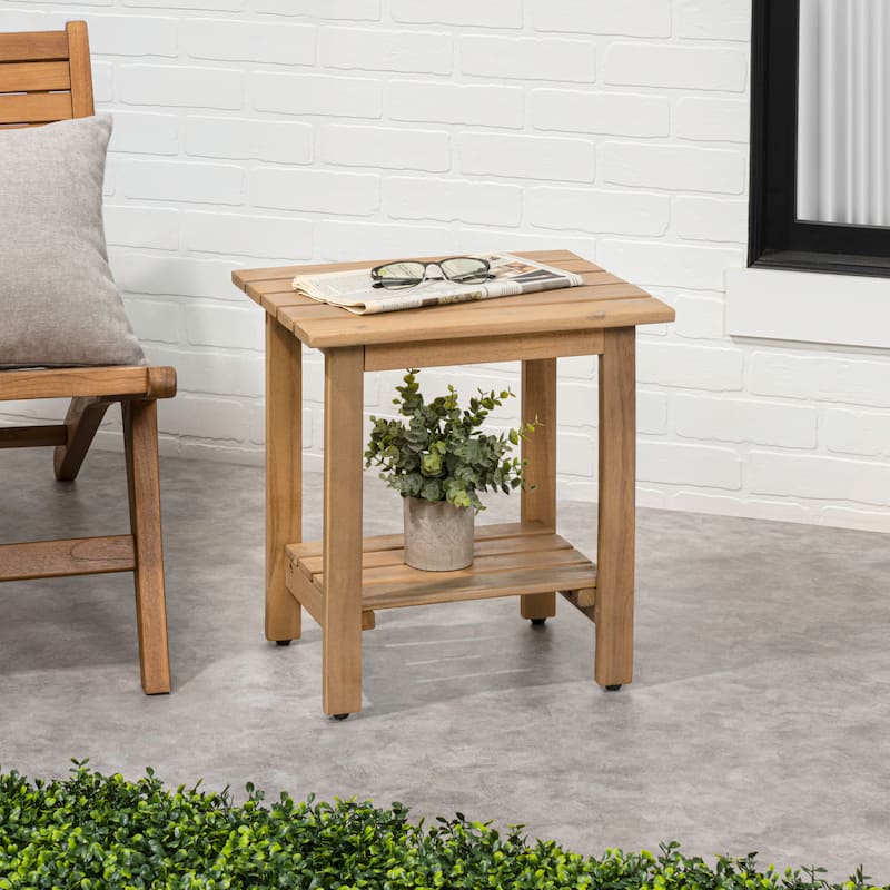 Kellie 16.1" Slatted Solid Acacia Wood Indoor/Outdoor Side Table with Shelf, By JONATHAN Y