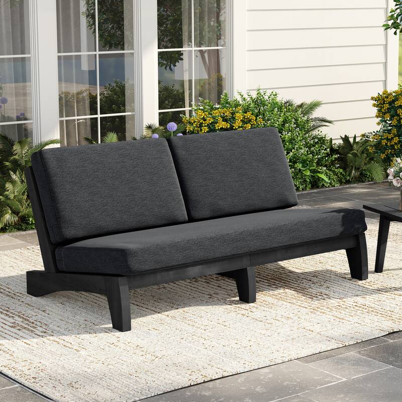3 Seat Wood 64" W Outdoor Patio Sofa with Cushion - Dark Wood - Dark Grey