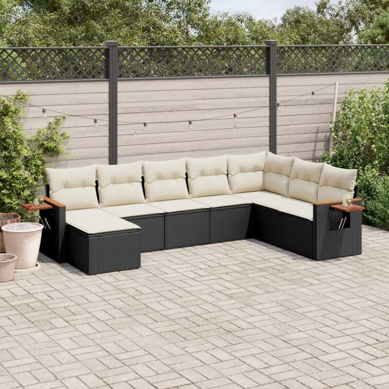 vidaXL Patio Sofa Set with Cushions Outdoor Conversation Furniture Poly Rattan - 21.7 x 21.7 x 14.6 in - Black and cream without table