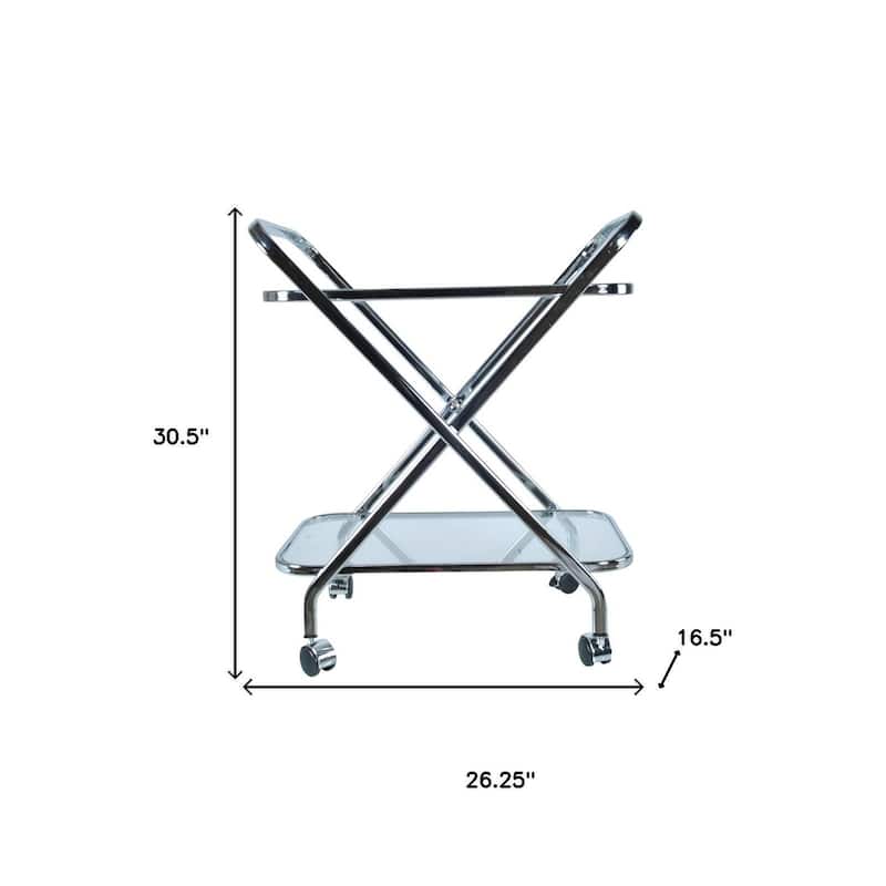 HomeRoots 26" Silver Metal and Glass Rolling Bar Cart - 26.25 in. x 30.50 in. x 16.50 in.