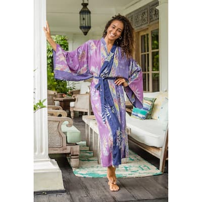 Novica Handmade Lilac Star Hand-Stamped Batik Rayon Robe