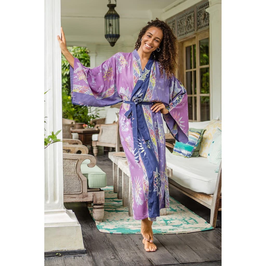 Novica Handmade Lilac Star Hand-Stamped Batik Rayon Robe