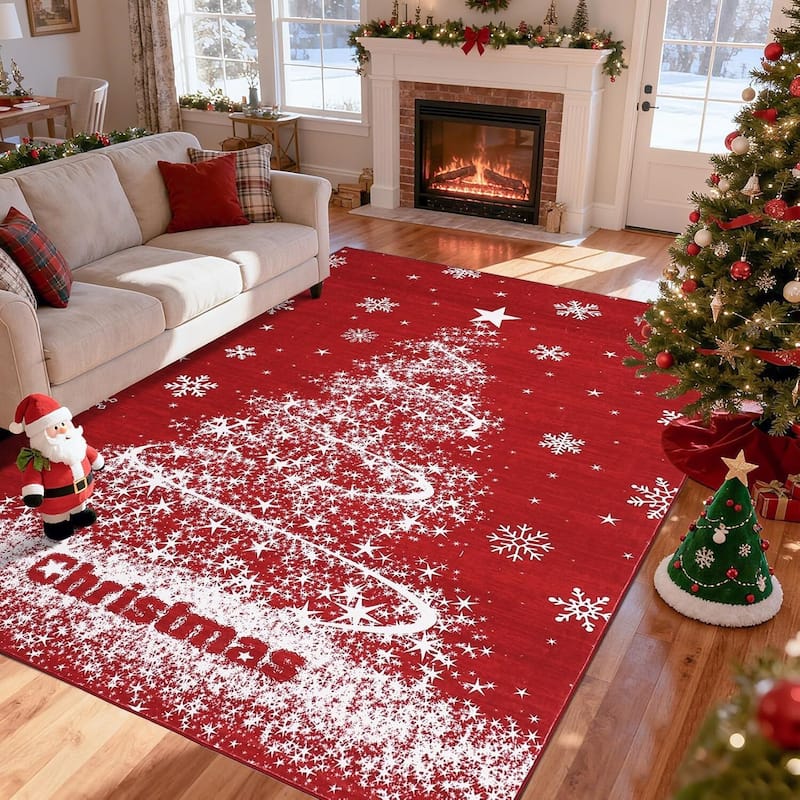 Washable Xmas Red Christmas Tree Area Rug for Home Decor - 1'6" x 2'6" - Red 9*12ft