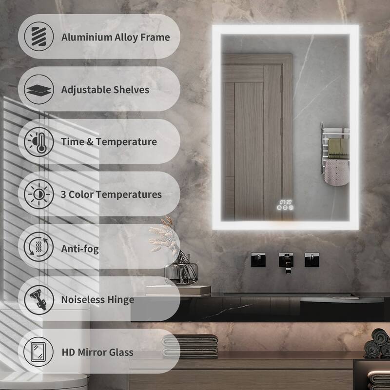 Full-frame LED-lit Medicine Cabinet with Mirrors, Defogger, Clock, Temperature