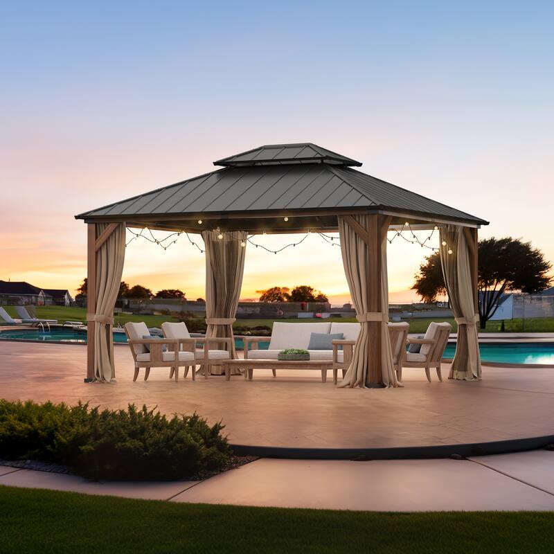 Outdoor Hardtop 12 x 14 Pergola Steel Double Roof Gazebo with Curtains For Patio, Backyard, or garden