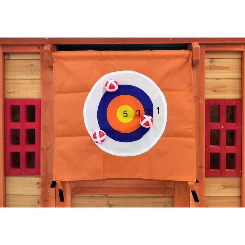Eco-friendly Outdoor Wooden 4-in-1 Game House for kids garden playhouse,different games on every surface,61.4"Lx45.98"Wx64.17"H