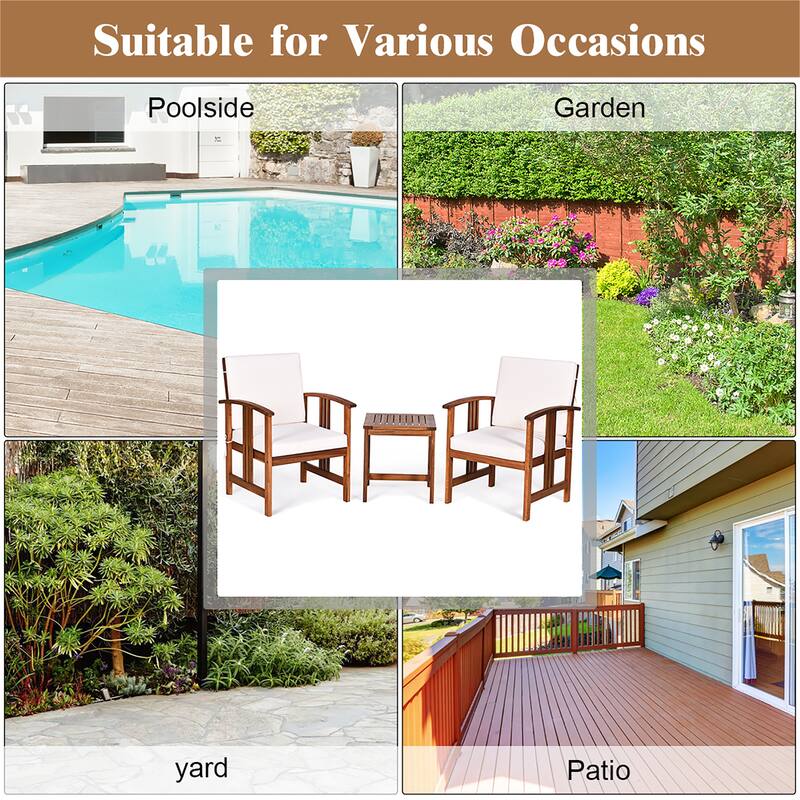 3PCS Patio Acacia Wood Sofa Set Conversation Set with Cushions