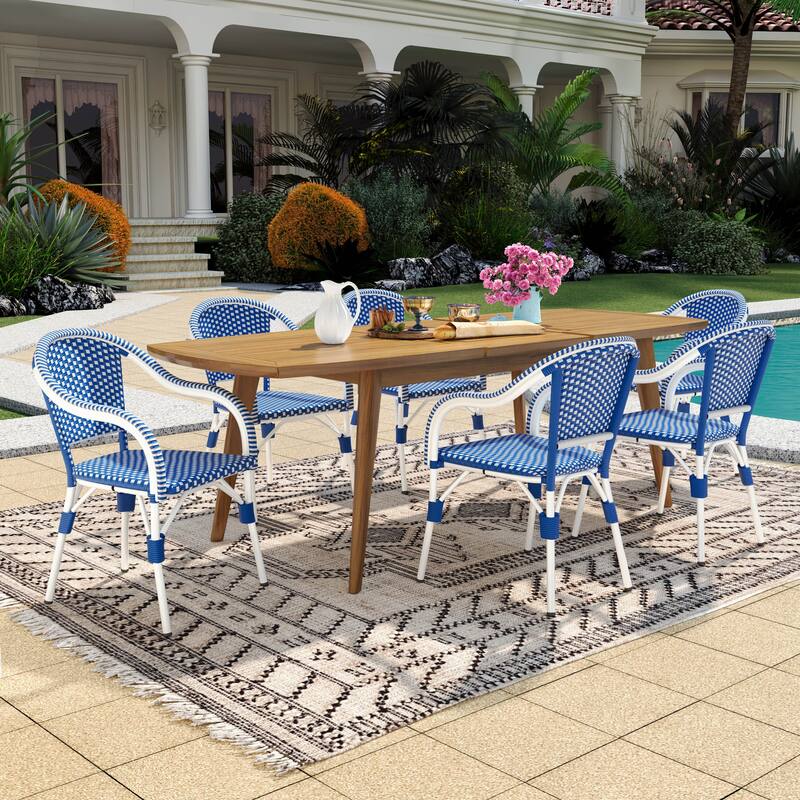 Christopher Knight Home - Estra 7-Piece Outdoor Dining Set with Six Woven Metal Frame Chairs and Expandable Acacia Wood Table - White+Blue+Teak finish
