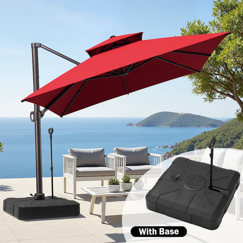 10 x 13 ft Outdoor Aluminum Double Top Patio Offset Cantilever Umbrella with Base - Red