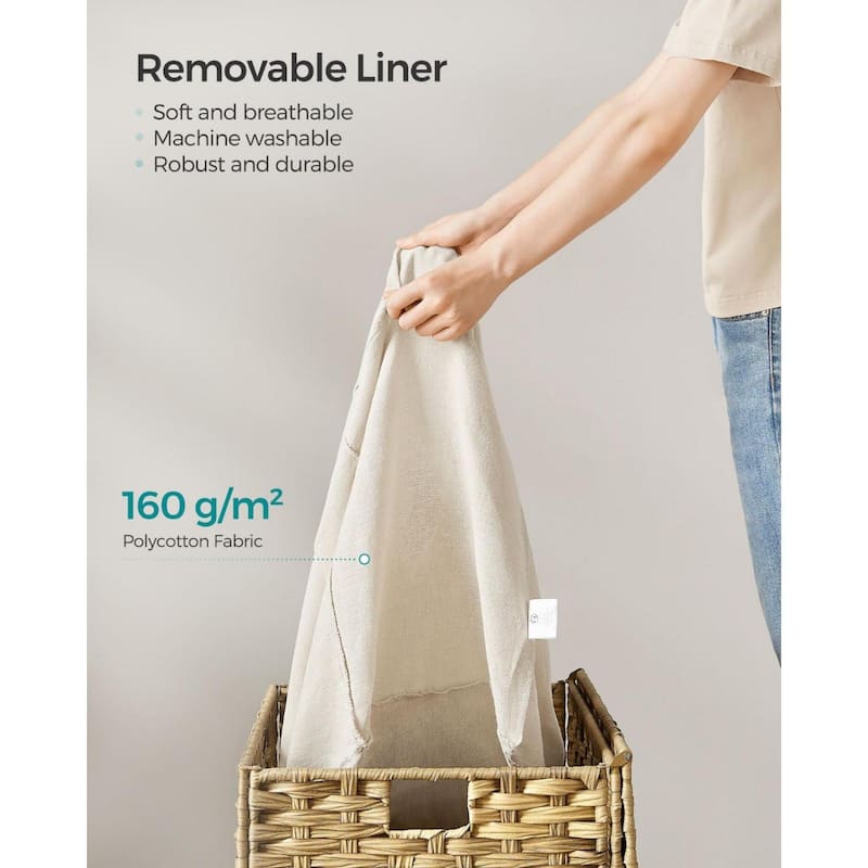 Portable Wicker Basket with Lid Waterproof Foldable Laundry Hamper with Washable Liner and Cut-Out Handles