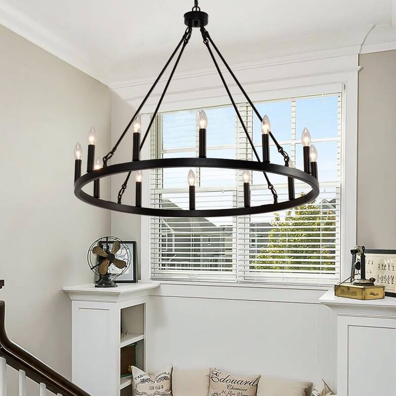 Wagon Wheel Chandelier 31in 12 Light Dining Room Farmhouse Chandelier - 38IN*29.6IN - 38IN*29.6IN - BLACK