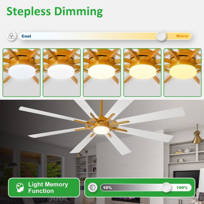 Modern 72 Inch 8 Blade Outdoor large Ceiling Fans with Lights: Dimmable Indoor Reversible 6 Speed Quiet DC Motor
