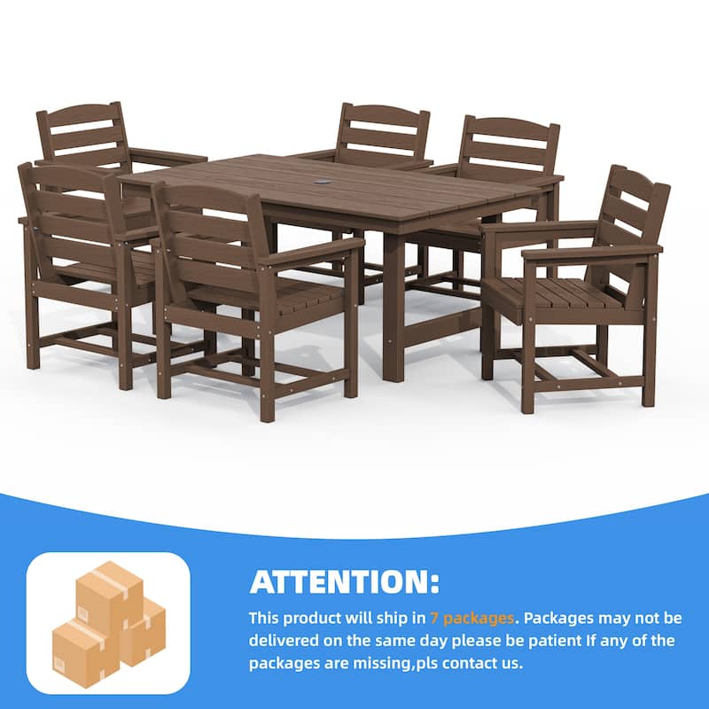 7-Piece HDPE Outdoor Dining Table Sets with Umbrella Hole - 1-Table 6-Chairs