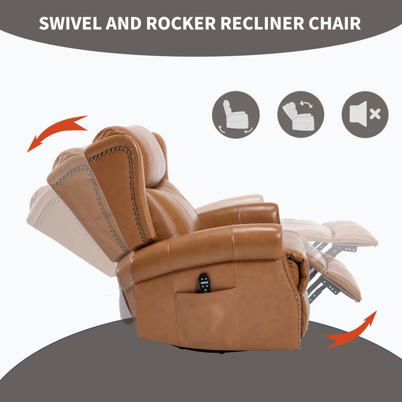 Manual Recliner Chair with Heat & Massage, Genuine Leather Swivel Recliner Chair, Lounge Sofa Chair with Side Pockets