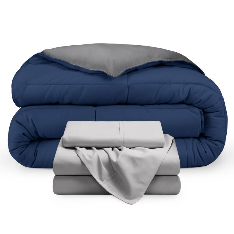 Bare Home Down Alternative Reversible Bed-in-a-Bag - Dark Blue/Grey, Sheets: Light Grey - Twin