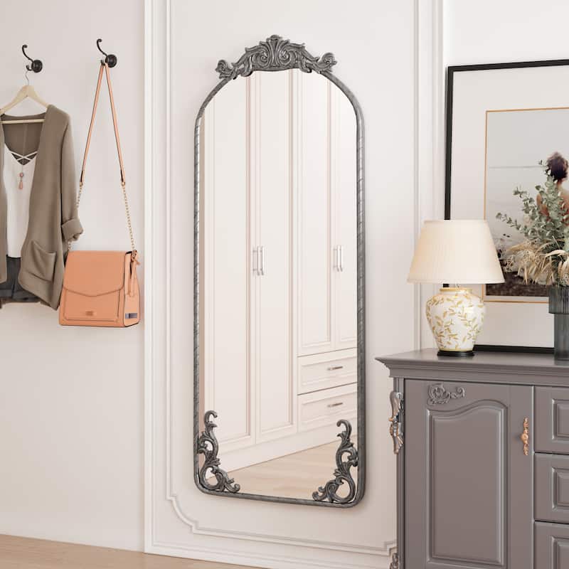 58"x24" Arched Full Body Mirror with Vintage Ornate Carved Applique on Top and Bottom, Hanging Wall Mounted Mirror