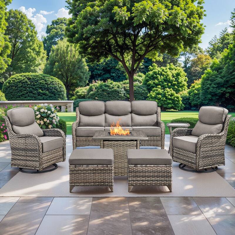 Pocassy Outdoor 6" Sofa Swivel Chair Ottoman with Fire Pit Table - Grey Wicker Gray Cushion - 7 Pieces Sofa Chair Ottoman Table w/ Fire Table