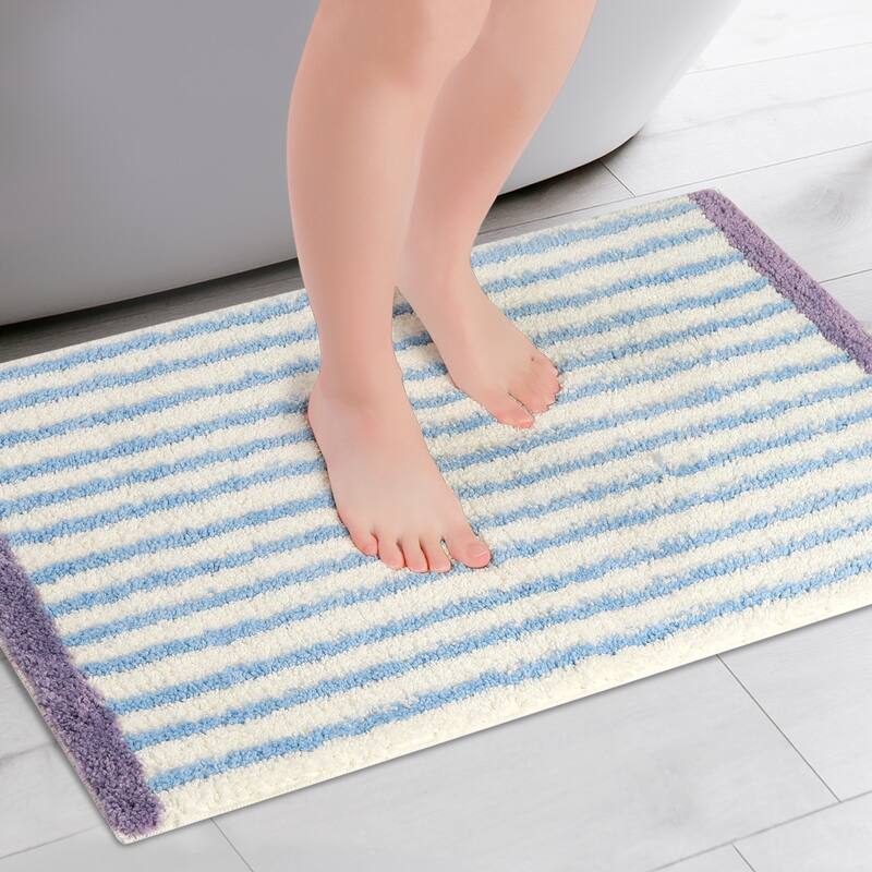 Striped Bathroom Rug Mat, Non-Slip Soft Bath Carpet, Absorbent Machine Washable Bathmat for Home Decor - Blue - 20" x 32"
