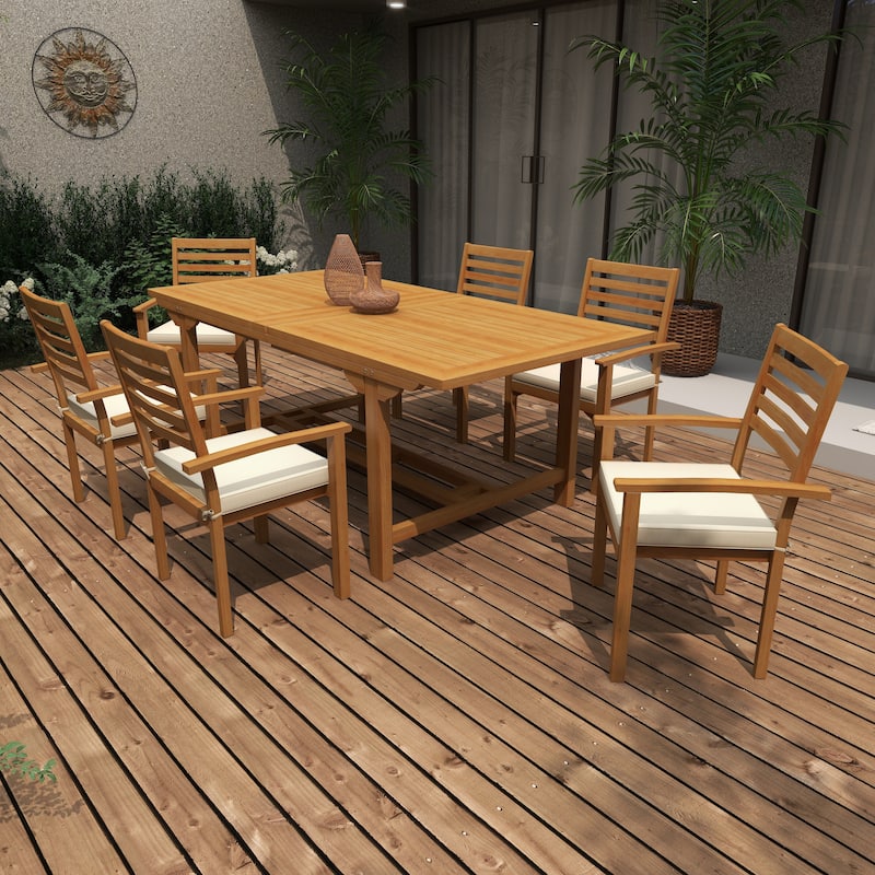Brown Teak Wood Patio Outdoor Dining Set with White Cushions and Extendable Table Leaf (Set of 7) - 83"W, 30"H(A+B)