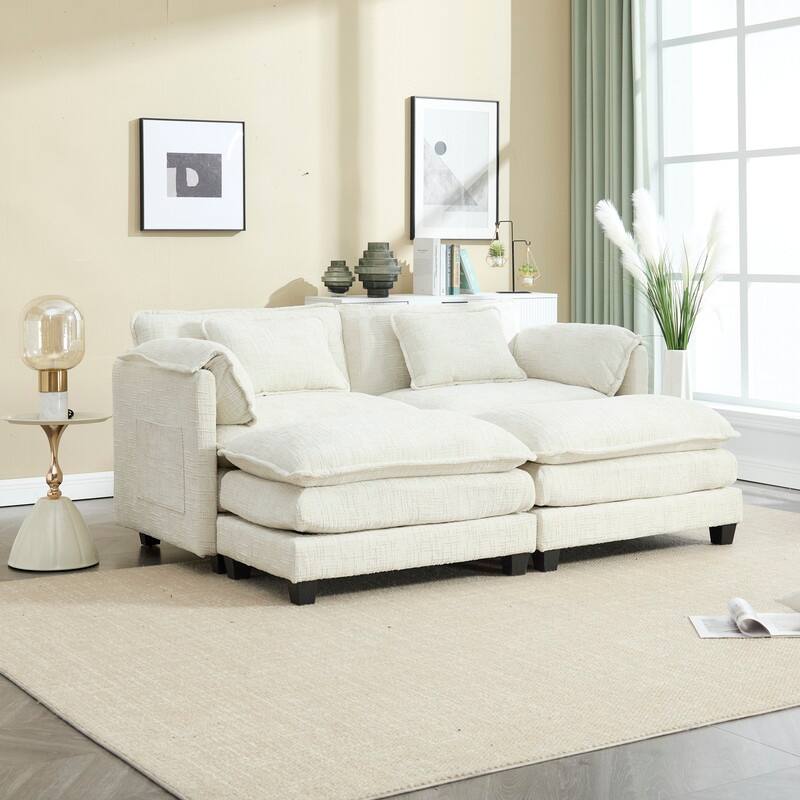 76.77" Chenille Upholstered Sofa with 2 Ottomans