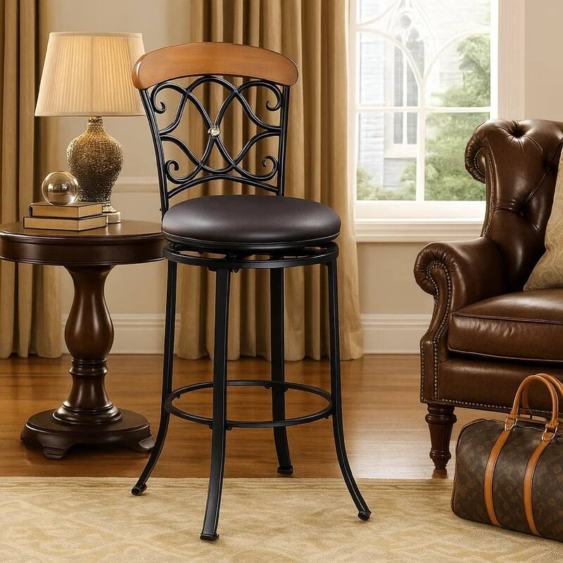 Soni Swivel Bar Height Chair, Scroll Back, Faux Leather, Black Metal