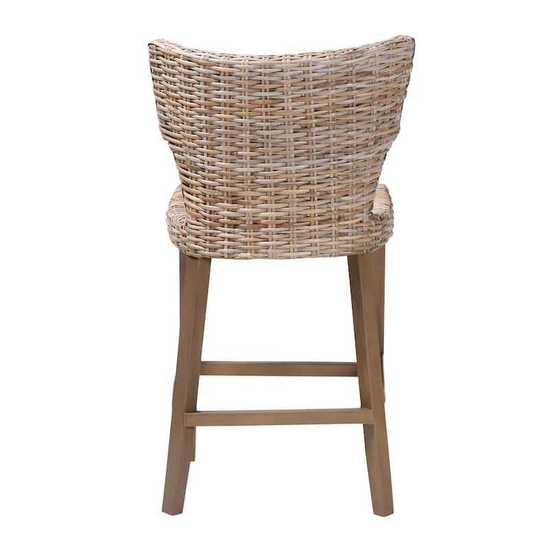 Enver Modern Bohemian Grey Kubu Rattan and Mahogany Wood Counter Stool