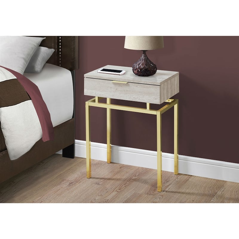 Modern End Table 1 Drawer Nightstand Beige Marble Gold Legs