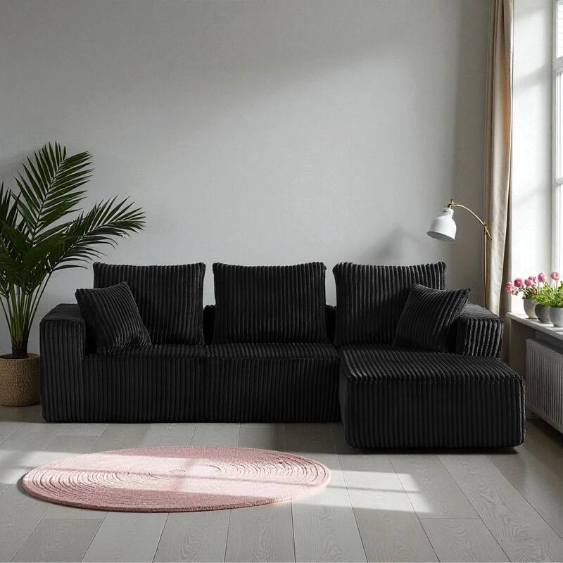 103" Modular Corduroy Sectional Sofa, Deep Seat Cloud Couch, Upholstered 4-Seater Sofa for Living Room, No Assembly Required - Black