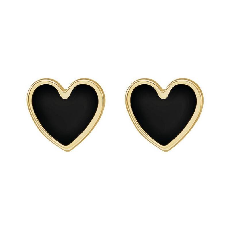 Curata 14k Yellow Gold Polished Black Enameled Friction Back Love Heart Stud Earrings - 5.88x5.48mm