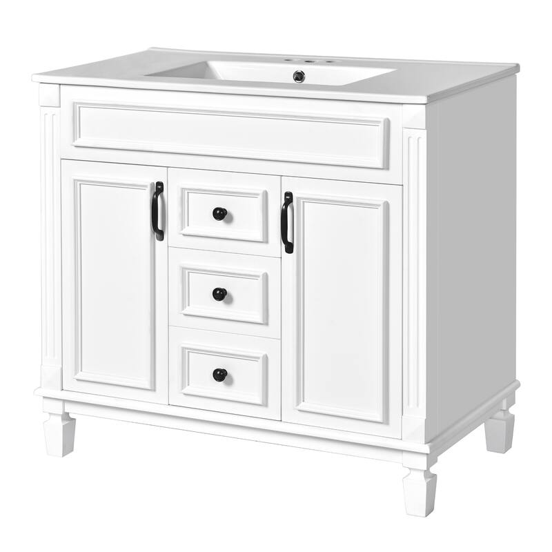 36'' Bathroom Vanity with Top Sink, Freestanding Vanity Set with Mirror Cabinet